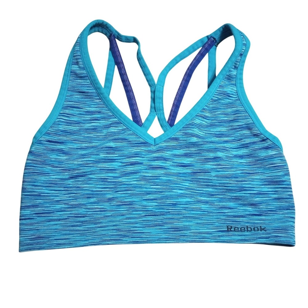 Reebok Womens Blue Space Dye Strappy Back V-Neck Sports Bra Size S Activewear